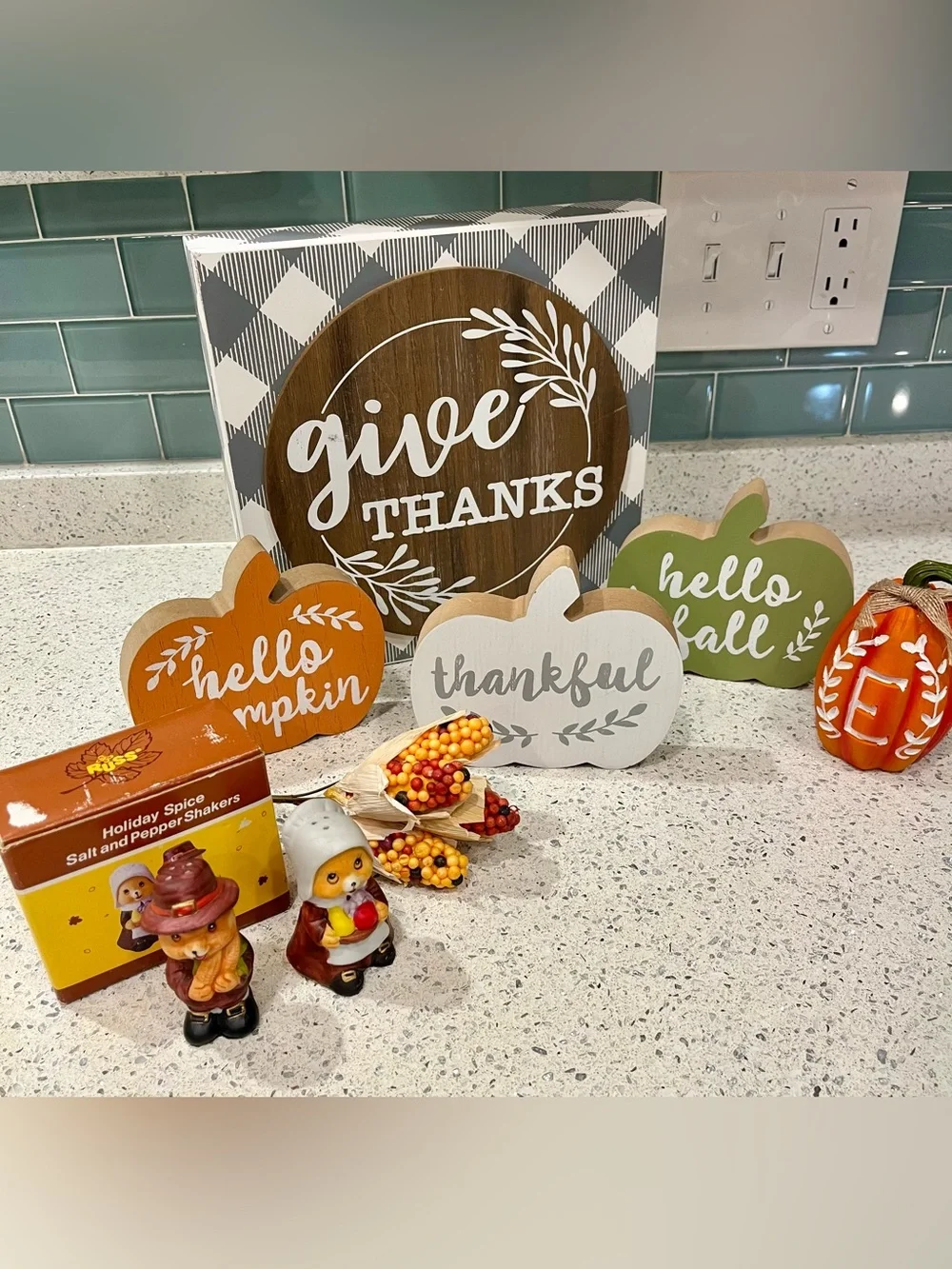 Give Thanks Wooden Fall Sign with Pumpkin Trio. Includes Ceramic S & P Shakers